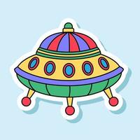 vector ufo speelgoed- tekenfilm sticker in retro kleuren. geïsoleerd kleurrijk ruimteschip insigne