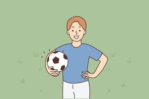 de concept van een Amerikaans voetbal speler jongen. een jong glimlachen jongen staat Holding een voetbal bal op zoek in de kader en glimlachen Aan een groen achtergrond vector illustratie