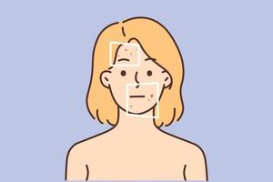 naakt vrouw met rood puistjes Aan gezicht lijden van dermatitis. ongelukkig vrouw met roodheid of allergie worstelen met gelaats probleem. huidverzorging. vector illustratie.