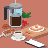 koffie Franse pers, beker, smartphone, ei, bonen, bessen en bladeren vector ontwerp