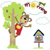 grappig aap beklimming fruit boom met muizen Aan kooi, vector tekenfilm illustratie