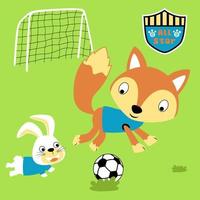schattig vos met konijn spelen voetbal, vector tekenfilm illustratie