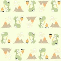 vector tekenfilm naadloos patroon van schattig dinosaurus roosteren vlees met vulkanen uitbarsting