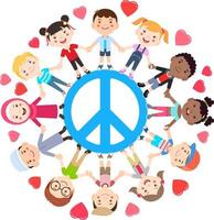 kinderen zijn dol op vrede concept. groepen kinderen slaan de handen ineen rondom het vredessymbool. vector illustratie.