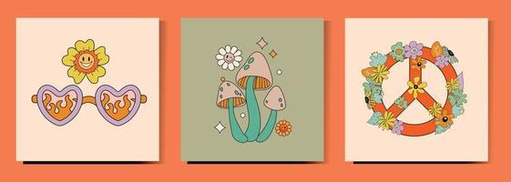 groovy hippie poster reeks van de jaren 70. champignons bril bloem stuurinrichting wiel retro tekenfilm madeliefje bloem voor t-shirt prints muur kunst telefoon geval aantekeningen Hoes folder ansichtkaarten sociaal media vector