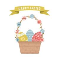 Pasen groet kaart. een schattig rieten mand versierd met bloemen en versierd met Pasen eieren. de opschrift Aan de lint is gelukkig pasen.kleur tekenfilm vector illustratie Aan een wit achtergrond.