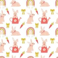 naadloos patroon met schattig konijntjes, boho regenboog, wortels en bogen. tekenfilm konijnen karakters. Super goed voor baby textiel, baby kleren, geschenk papier. vector illustratie Aan een wit achtergrond.