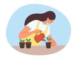 vrouw groeit zaailingen in potten, gieter groente spruiten Bij huis. binnen- tuinieren concept vlak vector illustratie.