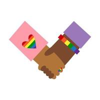 homo mensen met regenboog vlag lgbt symbolen houden handen. valentijnsdag dag. verschillend etniciteiten liefde. gelukkig trots, verscheidenheid en inclusie concept. vector vlak illustratie set.