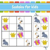 sudoku voor kinderen. onderwijs ontwikkelen werkblad. werkzaamheid bladzijde met afbeeldingen. puzzel spel voor kinderen. logisch denken opleiding. grappig karakter. vector illustratie.