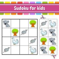 sudoku voor kinderen. onderwijs ontwikkelen werkblad. activiteitenpagina met foto's. puzzelspel voor kinderen. logisch denken opleiding. geïsoleerde vectorillustratie. grappig karakter. cartoon-stijl. vector