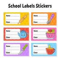 naam en klas. terug naar school- etiketten. reeks stickers voor notebook. helder stickers. rechthoekig label. vector illustratie.