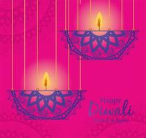 gelukkige diwali hangende mandala's kaarsen op roze vectorontwerp als achtergrond vector