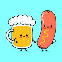 schattig, grappig gelukkig glas van bier en worst mosterd. vector hand- getrokken tekenfilm kawaii karakters, illustratie icoon. grappig tekenfilm glas van bier en worst mascotte karakter concept