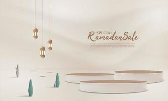 Ramadan uitverkoop achtergrond 3d met podium, lantaarn voor groet, banier, poster vector