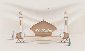 Ramadan uitverkoop achtergrond 3d met podium, lantaarn voor groet, banier, poster vector