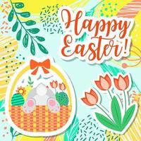 gelukkig Pasen voorjaar groet kaart. mand met grappig konijn en Pasen eieren. vector illustratie