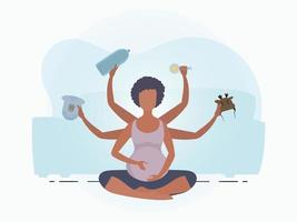 zwanger meisje in de lotus positie. actief goed gebouwd zwanger vrouw karakter. banier in blauw kleuren voor uw ontwerp. vlak vector illustratie.