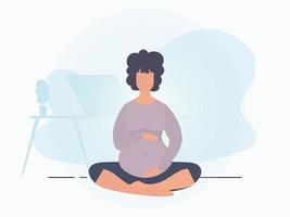 yoga voor zwanger Dames. actief goed gebouwd zwanger vrouw karakter. banier in blauw kleuren voor uw ontwerp. vector illustratie in tekenfilm stijl.