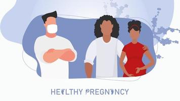 gezond zwangerschap spandoek. een getrouwd paar raadplegen met een dokter. vector illustratie.