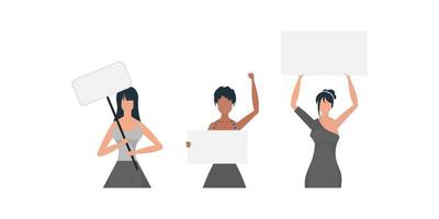 een reeks van Dames in vol groei met een banier in hun handen. geïsoleerd Aan wit achtergrond. vlak stijl. vector illustratie.
