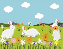 bundel van wit konijnen vector illustratie. konijntjes staand Aan grond met kleurrijk bloemen en groen gras