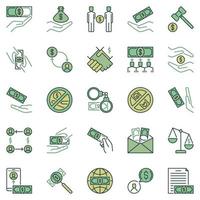 corruptie gekleurde pictogrammen set. steekpenning en geld creatief concept tekens vector