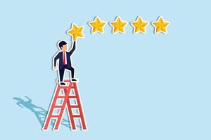 klant beoordeling. zakenman staat Aan ladder en geeft 5 ster, positief recensie evaluatie systeem concept. zakenman succes opnieuw bekijken, beoordeling onderhoud klant illustratie. papier besnoeiing stijl vector