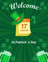 folder met een uitnodiging naar st. Patrick dag. poster met elf van Ierse folklore hoed, Klaver en rood snor. vector illustratie voor de Iers vakantie