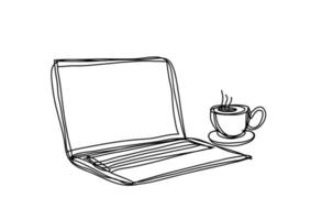 computer en koffie kop ,lijn tekening stijl, , vector illustratie.