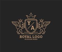 eerste ja brief leeuw Koninklijk luxe heraldisch, wapen logo sjabloon in vector kunst voor restaurant, royalty, boetiek, cafe, hotel, heraldisch, sieraden, mode en andere vector illustratie.