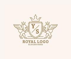 eerste ja brief leeuw Koninklijk luxe heraldisch, wapen logo sjabloon in vector kunst voor restaurant, royalty, boetiek, cafe, hotel, heraldisch, sieraden, mode en andere vector illustratie.