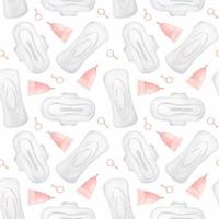 naadloos patroon van menstruatie- stootkussens en menstruatie- kop Aan een wit achtergrond. verpakking voor vrouw intiem hygiëne producten. persoonlijk hygiëne Product voor Dames. waterverf illustratie. vector