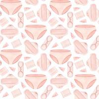 naadloos patroon van roze herbruikbaar sanitair kussentjes, lingerie en menstruatie- kopjes. verpakking voor vrouw intiem hygiëne producten. waterverf illustratie. vector