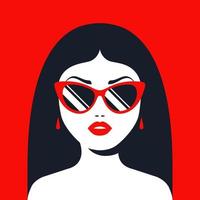 brunette meisje in zonnebril en rode lippenstift. platte karakter vectorillustratie.
