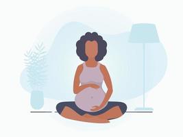 yoga voor zwanger Dames. actief goed gebouwd zwanger vrouw karakter. banier in blauw kleuren voor uw ontwerp. vlak vector illustratie.