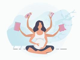 yoga voor zwanger Dames. gelukkig zwangerschap. ansichtkaart of poster in teder kleuren voor jij. vector illustratie in tekenfilm stijl.