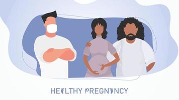gezond zwangerschap poster. een zwanger vrouw en haar man zijn overleg plegen een dokter. vector illustratie ontwerp.