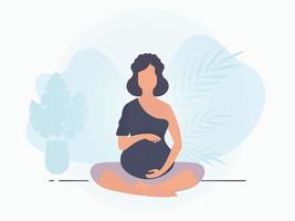 yoga voor zwanger Dames. actief goed gebouwd zwanger vrouw karakter. banier in blauw tonen voor jij. vlak vector illustratie.