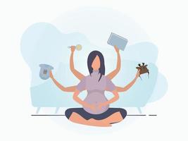 yoga voor zwanger Dames. gelukkig zwangerschap. banier in blauw tonen voor jij. vector illustratie in tekenfilm stijl.