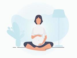 yoga voor zwanger Dames. actief goed gebouwd zwanger vrouw karakter. ansichtkaart of poster in teder kleuren voor uw ontwerp. vector illustratie in tekenfilm stijl.