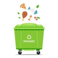 gooi organisch afval in een grote groene vuilnisbak. platte vectorillustratie. vector