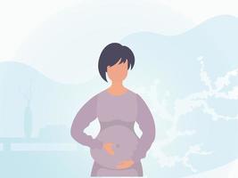 een zwanger vrouw houdt haar handen Aan haar maag. banier in blauw tonen. vector. vector