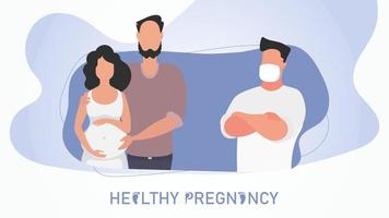 gezond zwangerschap poster. een getrouwd paar raadplegen met een dokter. vector illustratie.