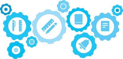 verbonden versnellingen en pictogrammen voor logistiek, onderhoud, Verzenden, verdeling, vervoer, markt, communiceren concepten, documenten uitrusting blauw icoon set. levering mechanisme concept. Aan wit achtergrond vector