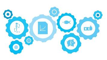 verbonden versnellingen en vector pictogrammen voor logistiek, onderhoud, Verzenden, verdeling, vervoer, markt, communiceren concepten. zwijn, papier, zee, bedrijf uitrusting blauw icoon reeks Aan wit achtergrond