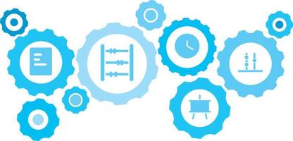verbonden versnellingen en pictogrammen voor logistiek, onderhoud, Verzenden, verdeling, vervoer, markt, communiceren concepten, telraam, tellen uitrusting blauw icoon set. levering mechanisme concept. Aan wit achtergrond vector