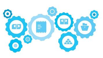 verbonden versnellingen en vector pictogrammen voor logistiek, onderhoud, Verzenden, verdeling, vervoer, markt, communiceren concepten. evenwicht, gerechtigheid, balans uitrusting blauw icoon reeks Aan wit achtergrond
