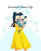 jong vrouw is Holding een mooi boeket van bloemen. Internationale vrouwen dag. vector illustratie