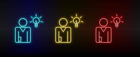 neon icoon reeks brainstormen, zakenvrouw. reeks van rood, blauw, geel neon vector icoon Aan transparantie donker achtergrond